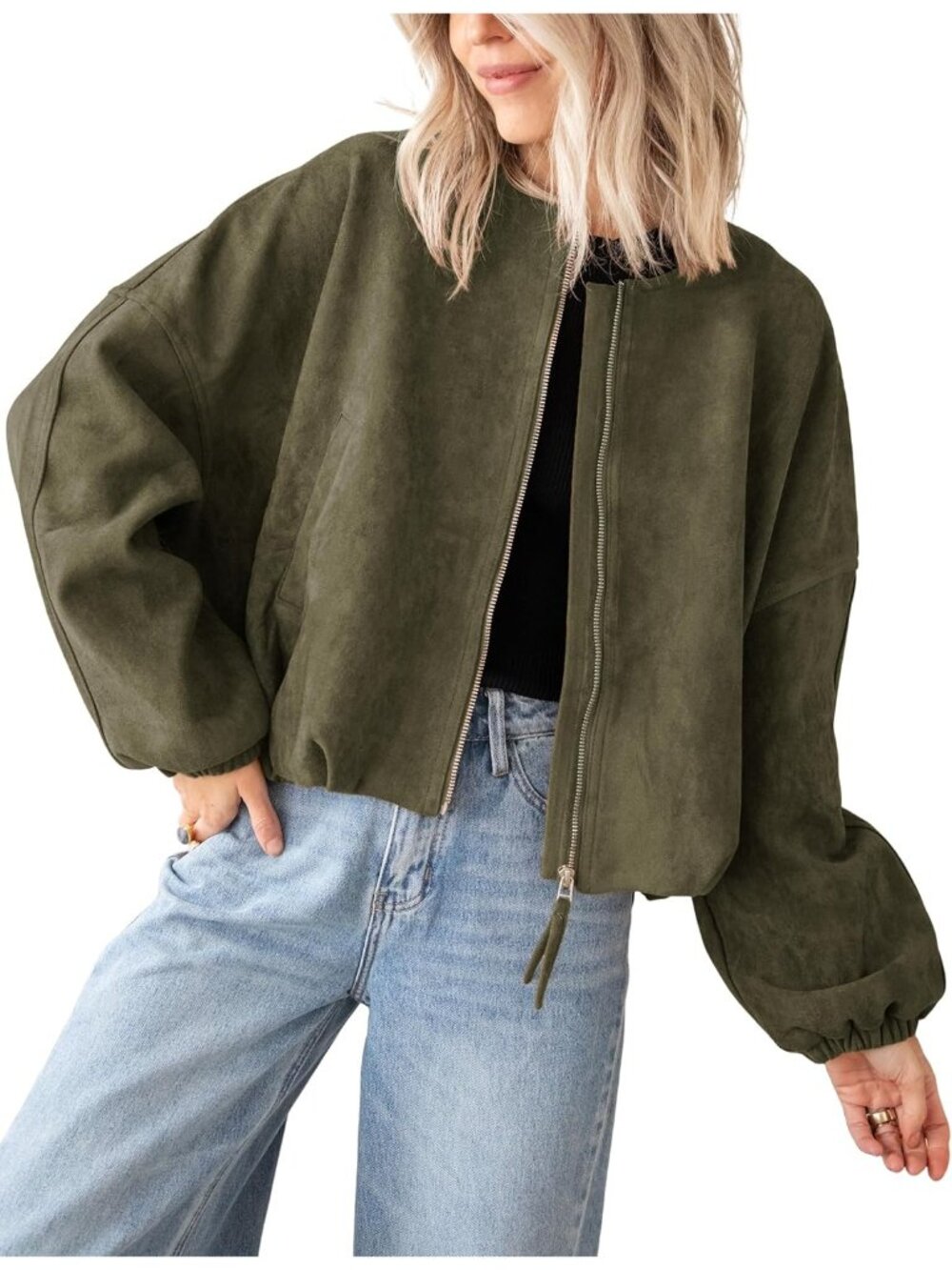 Women's Army Green Faux Suede Oversized Bomber Jacket Cropped Motorcycle Coat